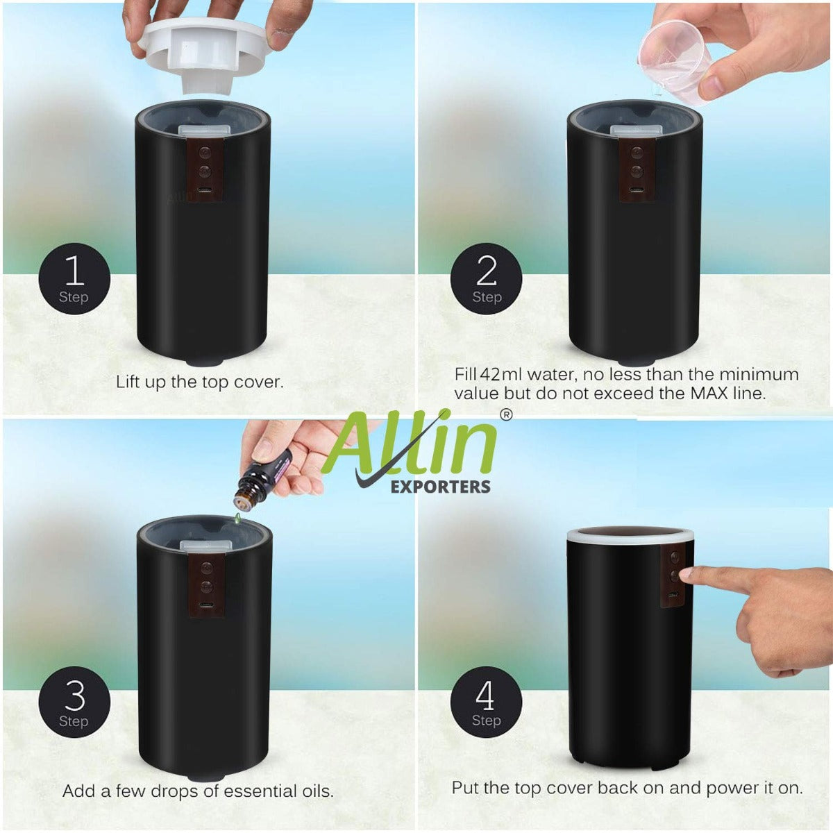 Allin Exporters USB Mini Humidifier Essential Oil Aroma Diffuser for Car, SUVs and Small Rooms Cool Mist Air Refresher with 7 LED Colors (42 ml, Random Colors)