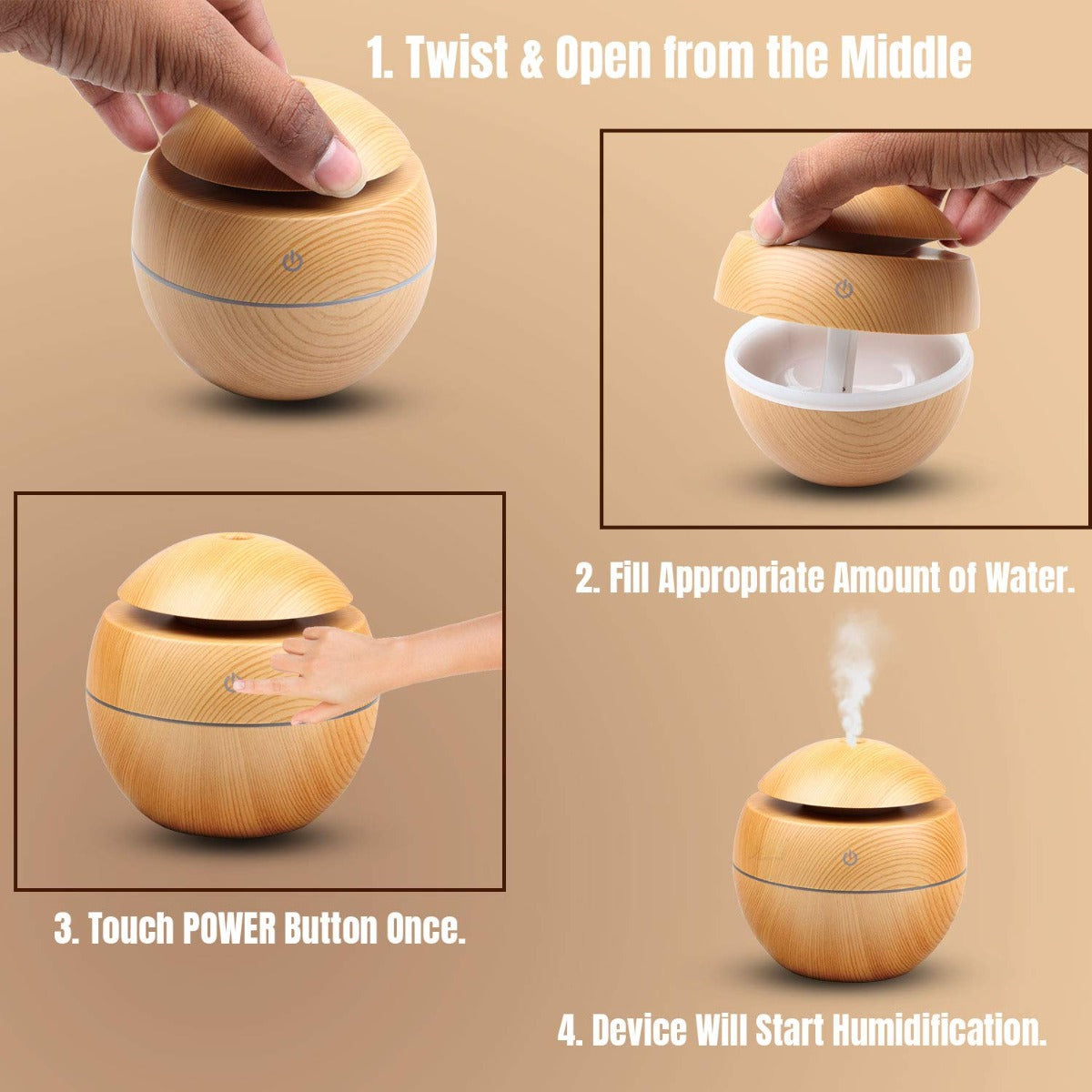 Allin Exporters PY006-LW 130 ml USB Mini Ultrasonic Humidifier Portable Essential Oil Aroma Diffuser with 3 LED Colors for Car, Office Cabin and Small Rooms