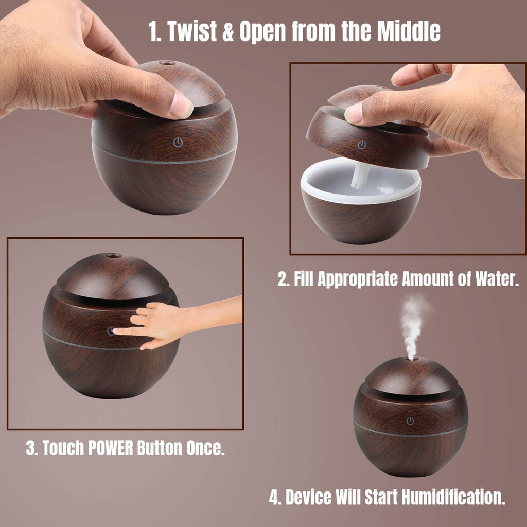 Allin Exporters PY006-BW 130 ml USB Mini Ultrasonic Humidifier Portable Essential Oil Aroma Diffuser with 3 LED Colors for Car, Office Cabin and Small Rooms