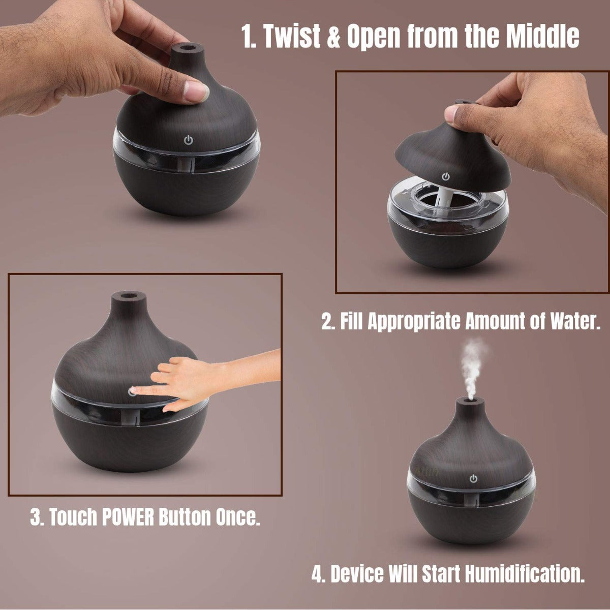 Allin Exporters PY002-BW 200 ml USB Mini Ultrasonic Humidifier Portable Essential Oil Aroma Diffuser with 3 LED Colors for Car, Office Cabin and Small Rooms (Brown Wooden)