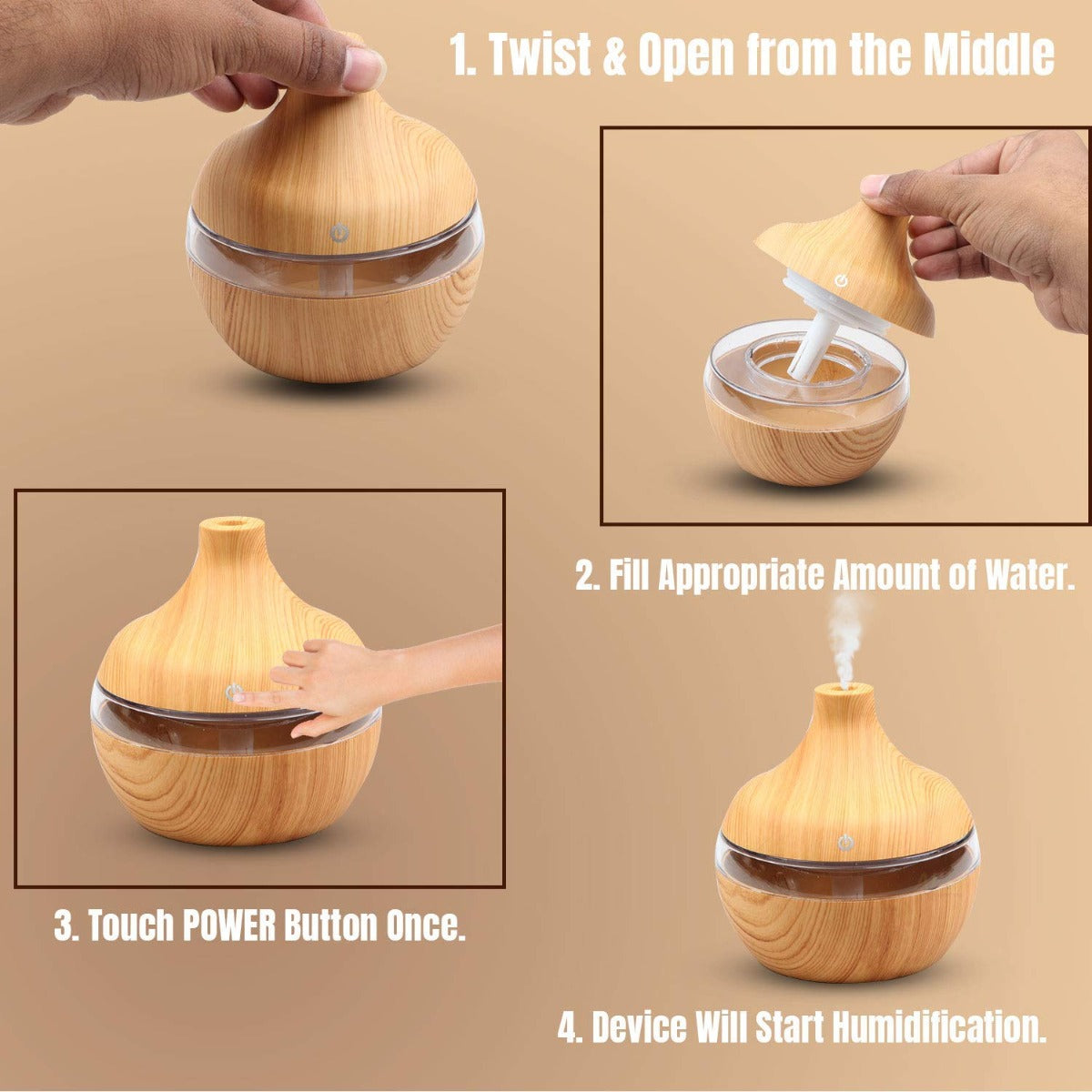 Allin Exporters PY002-LW 200 ml USB Mini Ultrasonic Humidifier Portable Essential Oil Aroma Diffuser with 3 LED Colors for Car, Office Cabin and Small Rooms (Light Wooden)