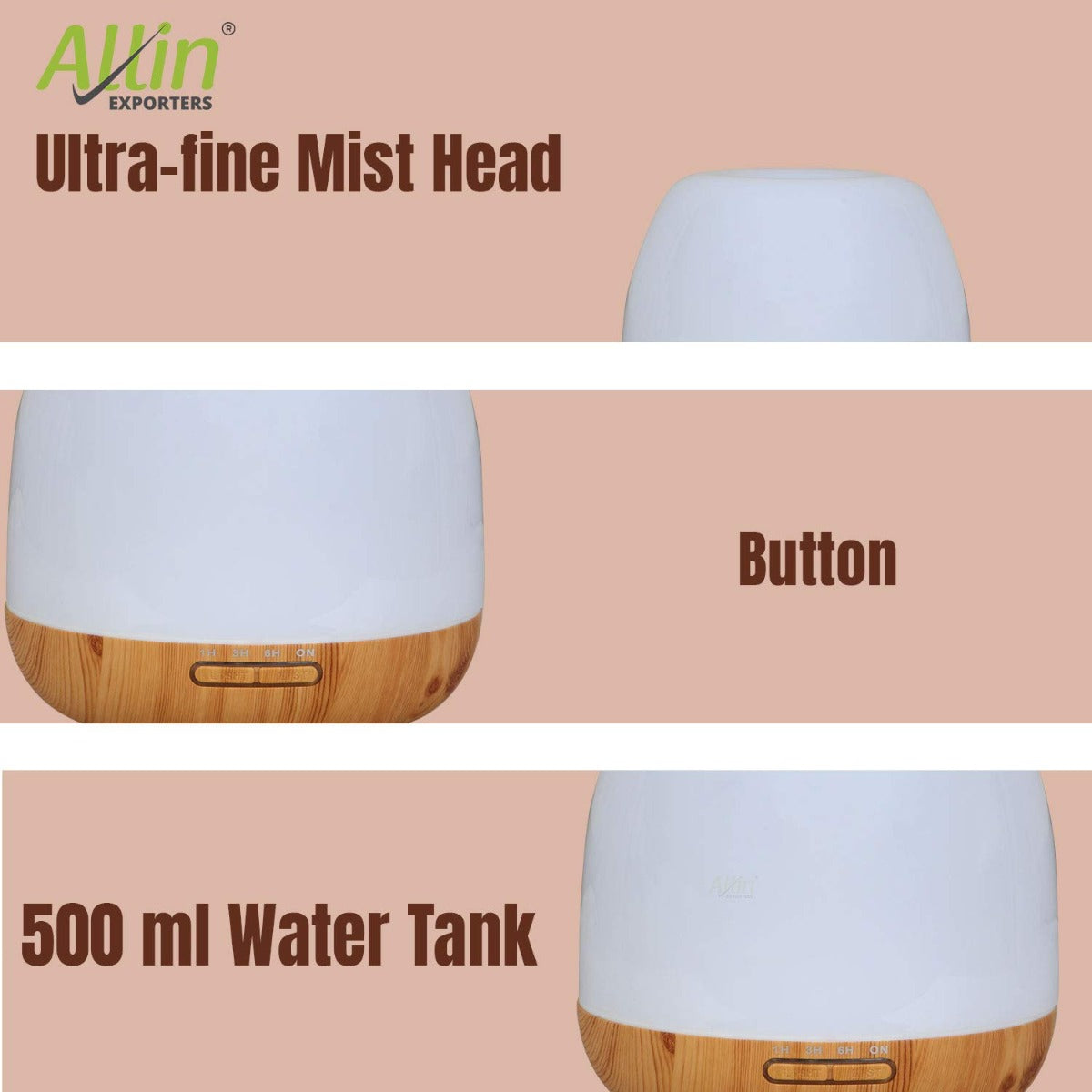 Allin Exporters 306-LW Ultrasonic Humidifier & Essential Oil Aroma Diffuser with Timer and 7 Colorful LED Light Modes (500 ml, Light Wood)