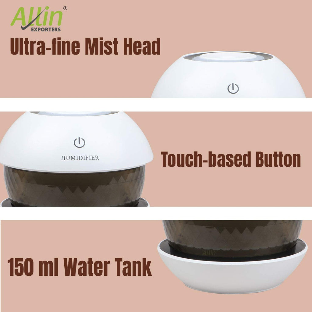 Allin Exporters EXUMHD1 150 ml Magic Diamond USB Mini Ultrasonic Humidifier Filter Type Auto Shut Off Portable Air Purifier with LED Light for Car, Office Cabin and Small Rooms (Colour May Vary)