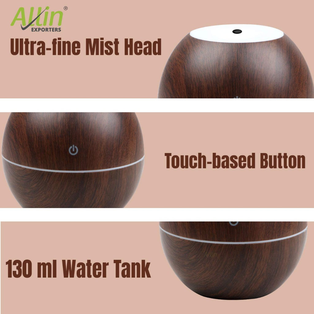 Allin Exporters PY045-BW 130 ml USB Mini Ultrasonic Humidifier Portable Essential Oil Aroma Diffuser with 3 LED Colors for Car, Office Cabin and Small Rooms