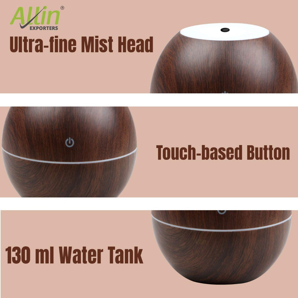 Allin Exporters PY045-BW 130 ml USB Mini Ultrasonic Humidifier Portable Essential Oil Aroma Diffuser with 3 LED Colors for Car, Office Cabin and Small Rooms