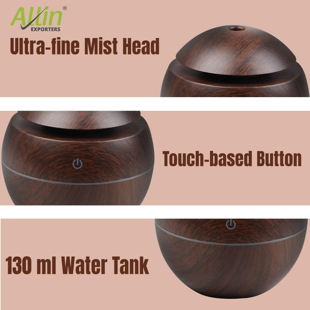 Allin Exporters PY006-BW 130 ml USB Mini Ultrasonic Humidifier Portable Essential Oil Aroma Diffuser with 3 LED Colors for Car, Office Cabin and Small Rooms
