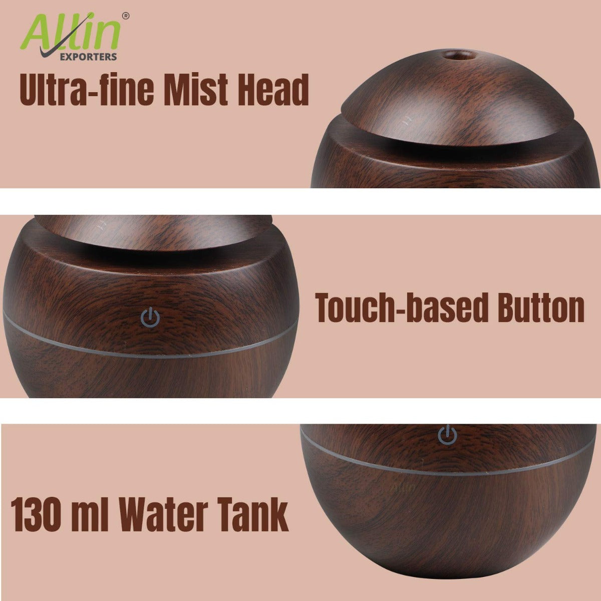 Allin Exporters PY006-BW 130 ml USB Mini Ultrasonic Humidifier Portable Essential Oil Aroma Diffuser with 3 LED Colors for Car, Office Cabin and Small Rooms