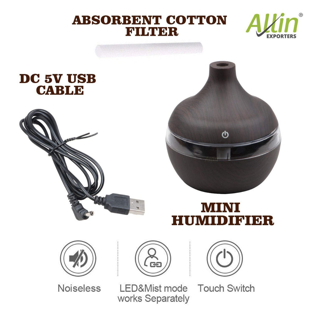 Allin Exporters PY002-BW 200 ml USB Mini Ultrasonic Humidifier Portable Essential Oil Aroma Diffuser with 3 LED Colors for Car, Office Cabin and Small Rooms (Brown Wooden)