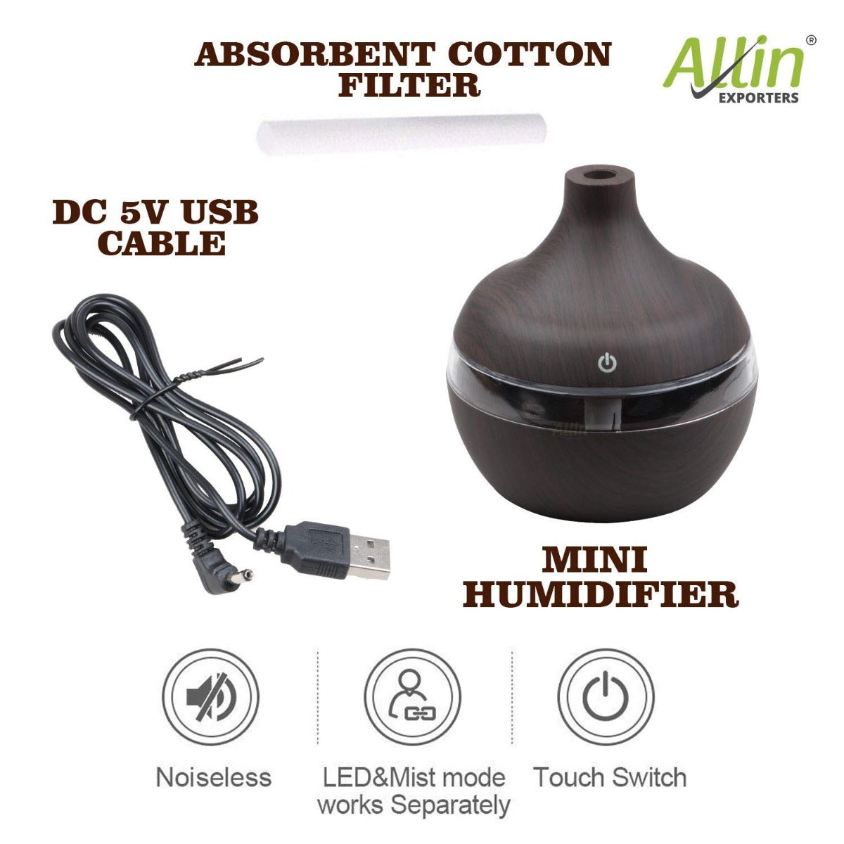 Allin Exporters PY002-BW 200 ml USB Mini Ultrasonic Humidifier Portable Essential Oil Aroma Diffuser with 3 LED Colors for Car, Office Cabin and Small Rooms (Brown Wooden)