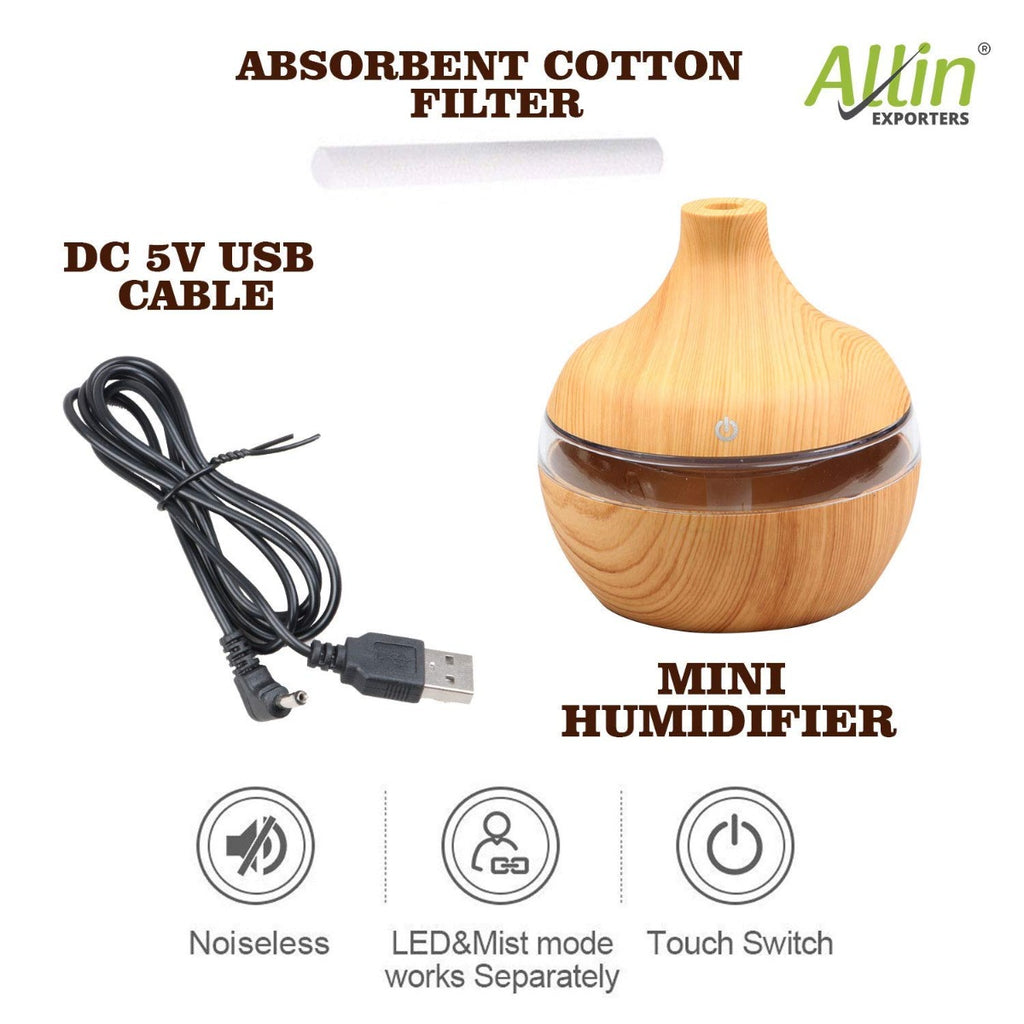Allin Exporters PY002-LW 200 ml USB Mini Ultrasonic Humidifier Portable Essential Oil Aroma Diffuser with 3 LED Colors for Car, Office Cabin and Small Rooms (Light Wooden)