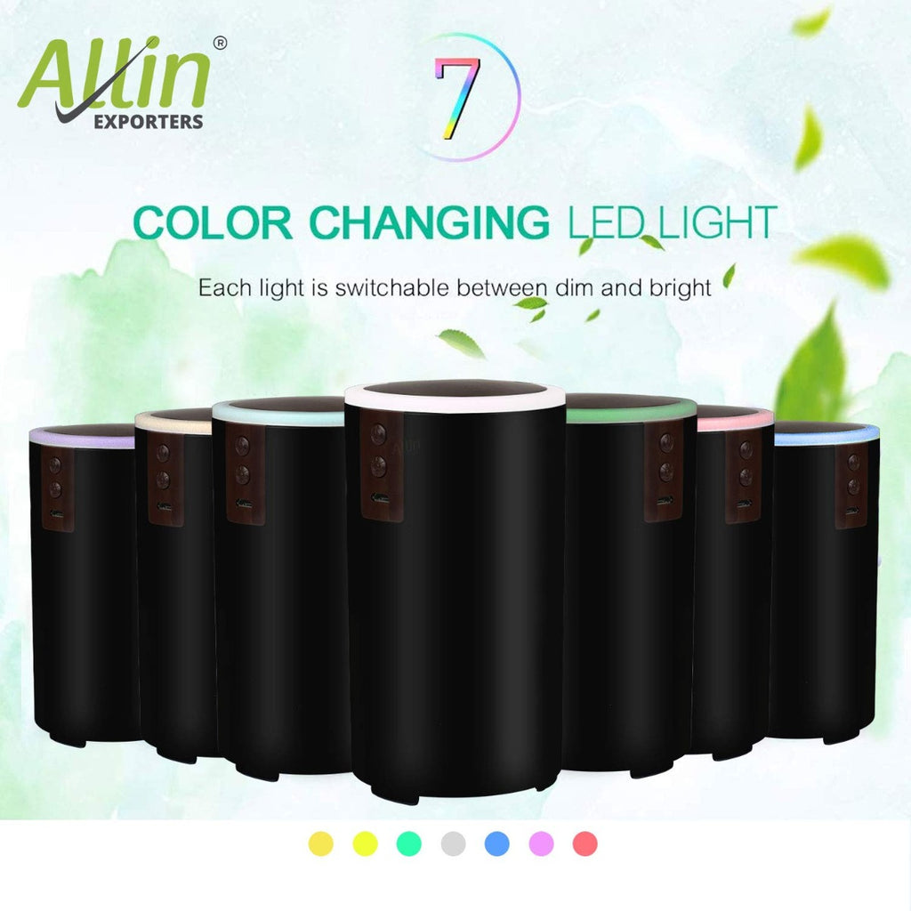 Allin Exporters USB Mini Humidifier Essential Oil Aroma Diffuser for Car, SUVs and Small Rooms Cool Mist Air Refresher with 7 LED Colors (42 ml, Random Colors)