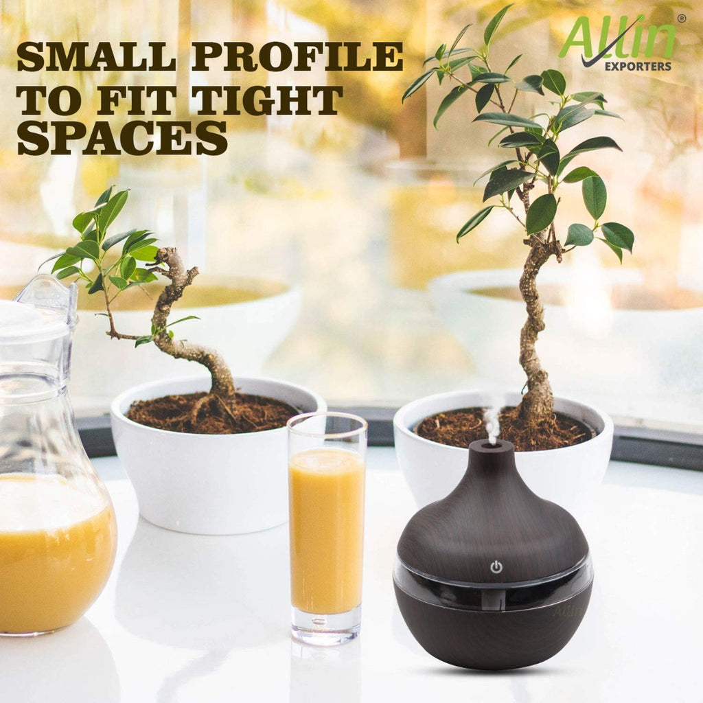Allin Exporters PY002-BW 200 ml USB Mini Ultrasonic Humidifier Portable Essential Oil Aroma Diffuser with 3 LED Colors for Car, Office Cabin and Small Rooms (Brown Wooden)