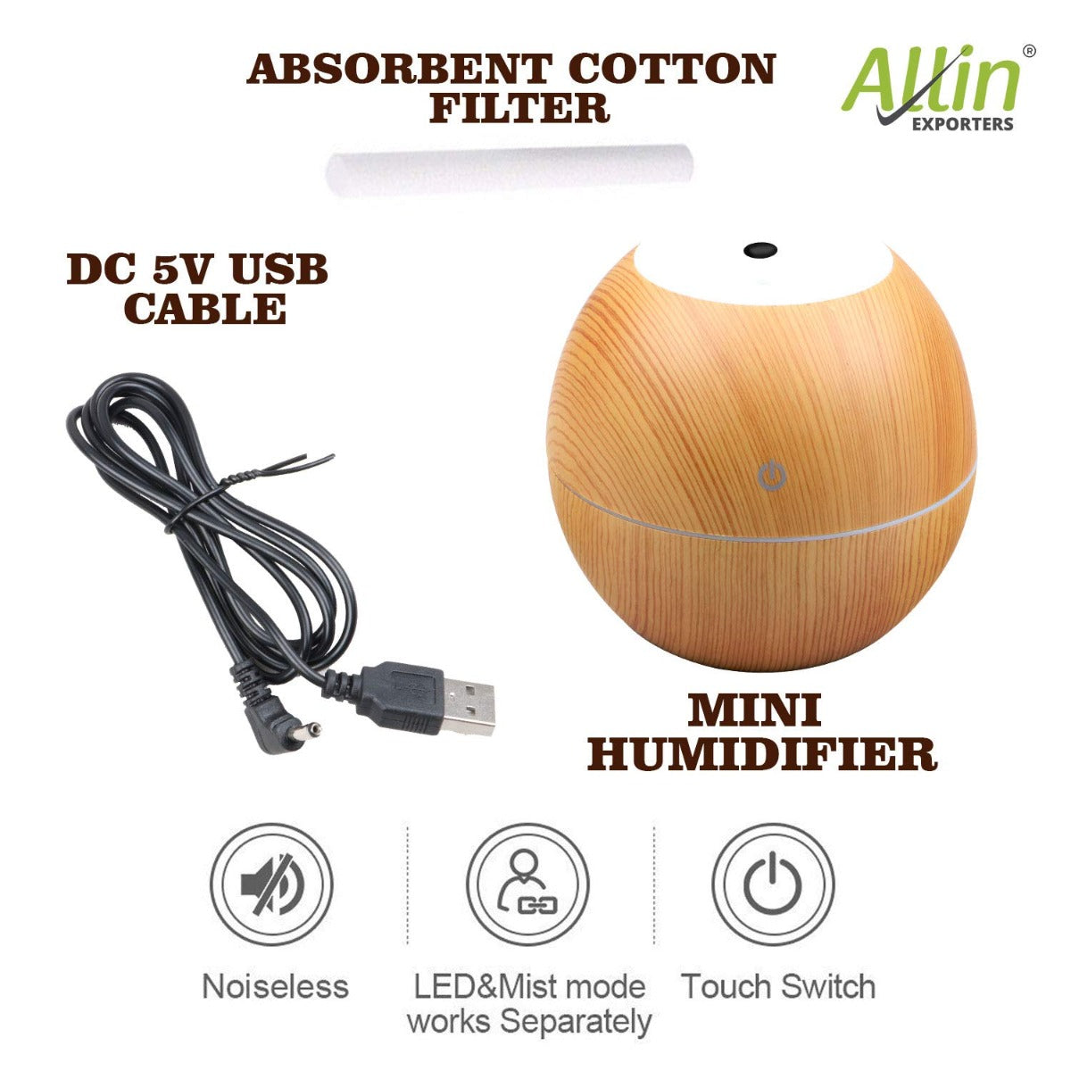 Allin Exporters PY045-LW 130 ml USB Mini Ultrasonic Humidifier Portable Essential Oil Aroma Diffuser with RGB LED Colors for Car, Office Cabin and Small Rooms