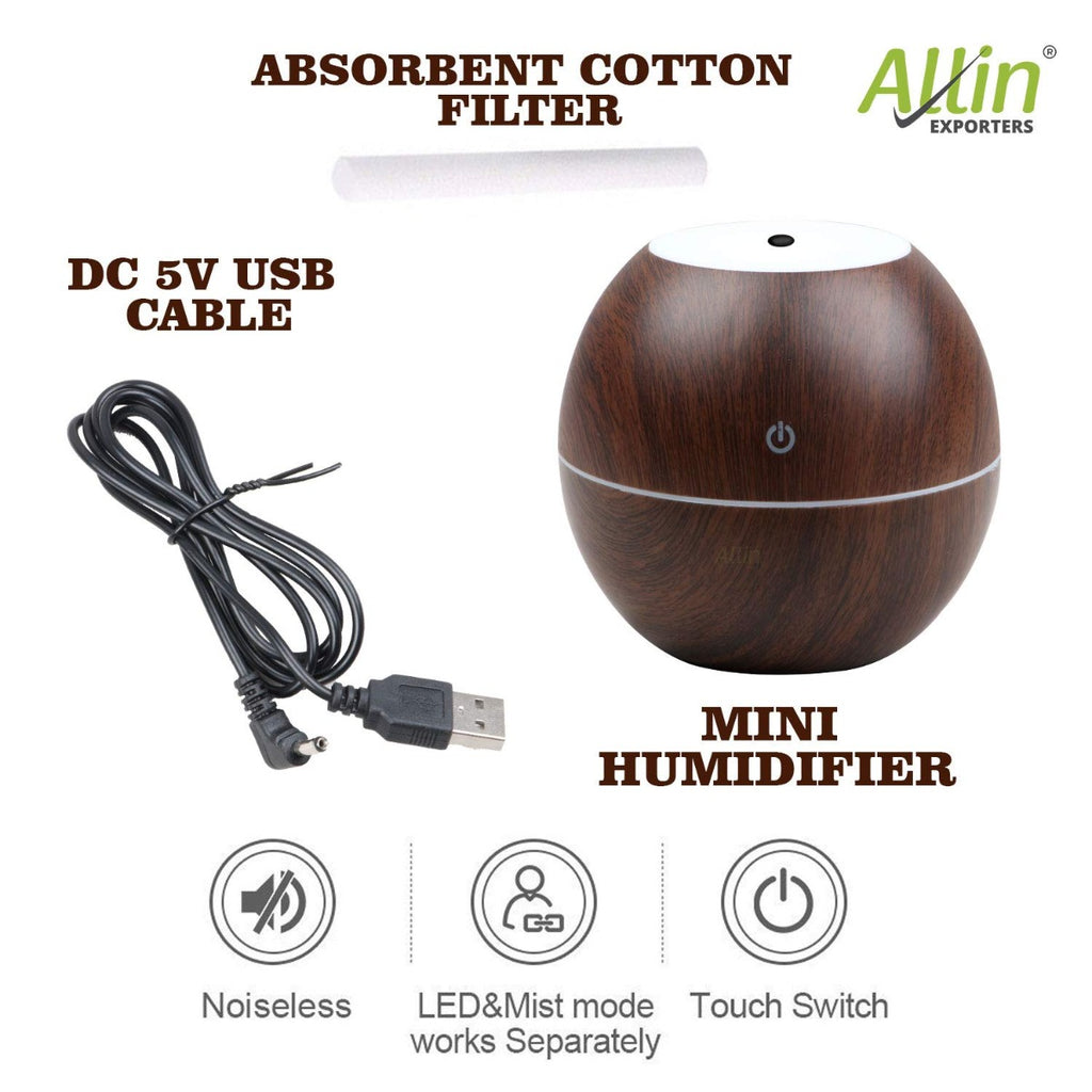 Allin Exporters PY045-BW 130 ml USB Mini Ultrasonic Humidifier Portable Essential Oil Aroma Diffuser with 3 LED Colors for Car, Office Cabin and Small Rooms