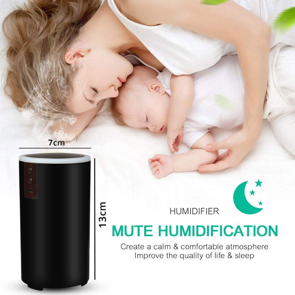 Allin Exporters USB Mini Humidifier Essential Oil Aroma Diffuser for Car, SUVs and Small Rooms Cool Mist Air Refresher with 7 LED Colors (42 ml, Random Colors)