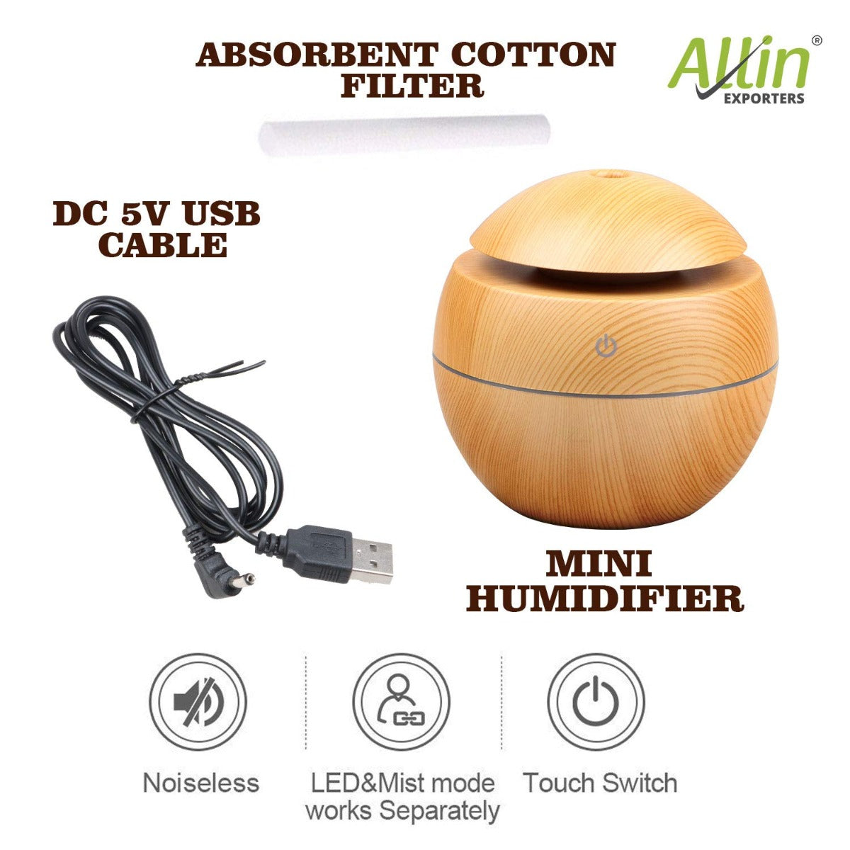 Allin Exporters PY006-LW 130 ml USB Mini Ultrasonic Humidifier Portable Essential Oil Aroma Diffuser with 3 LED Colors for Car, Office Cabin and Small Rooms