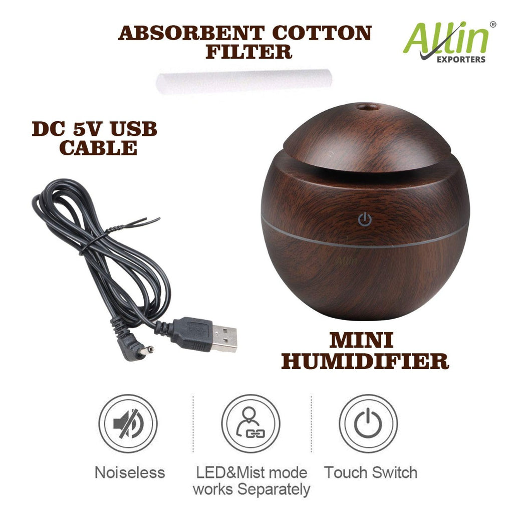 Allin Exporters PY006-BW 130 ml USB Mini Ultrasonic Humidifier Portable Essential Oil Aroma Diffuser with 3 LED Colors for Car, Office Cabin and Small Rooms