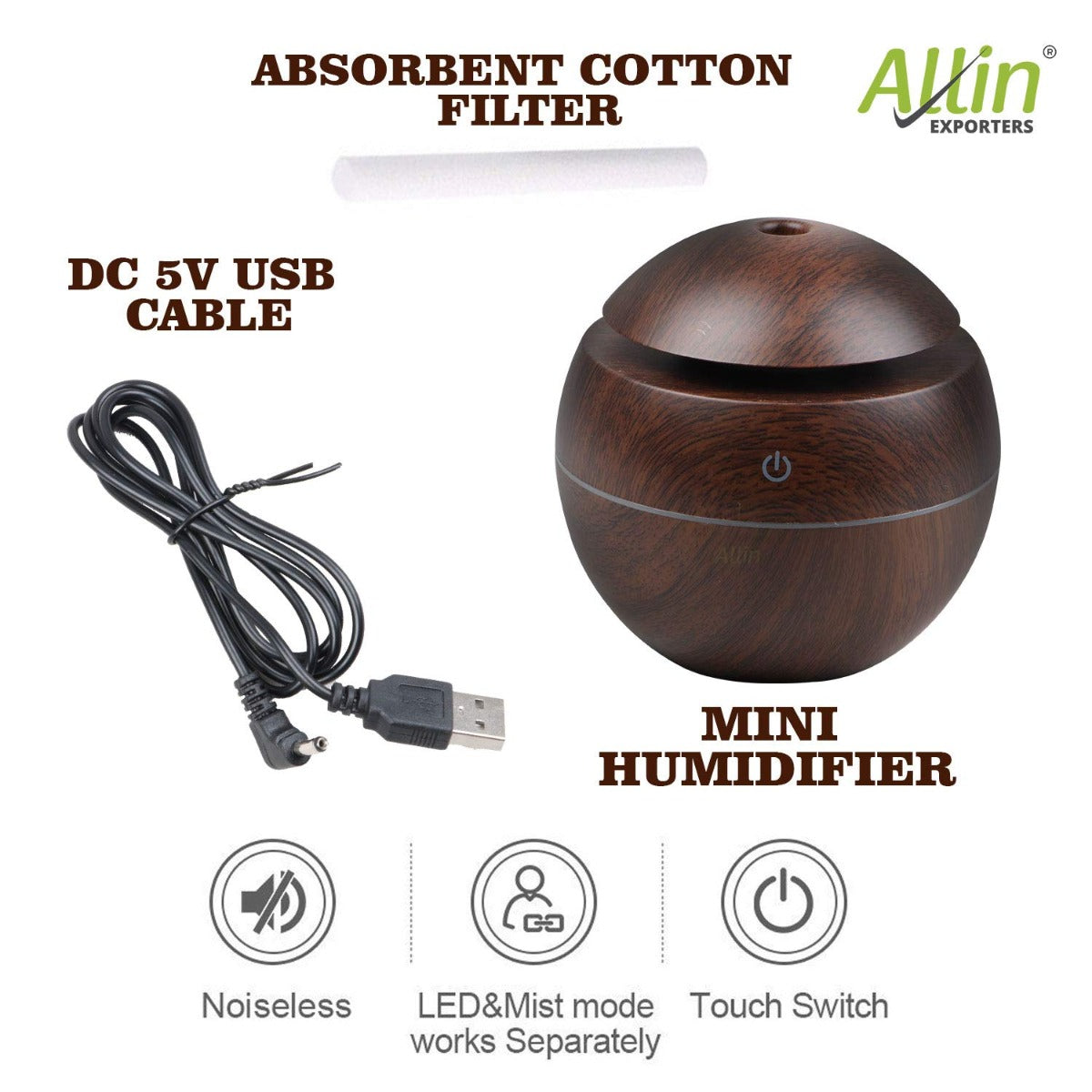 Allin Exporters PY006-BW 130 ml USB Mini Ultrasonic Humidifier Portable Essential Oil Aroma Diffuser with 3 LED Colors for Car, Office Cabin and Small Rooms