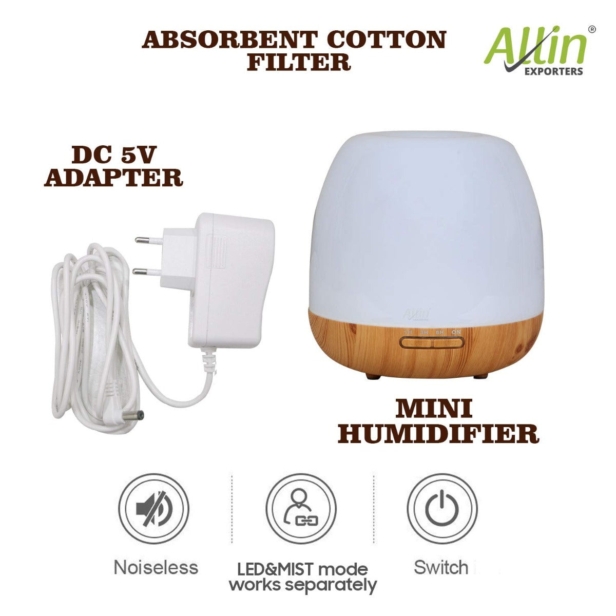 Allin Exporters 306-LW Ultrasonic Humidifier & Essential Oil Aroma Diffuser with Timer and 7 Colorful LED Light Modes (500 ml, Light Wood)