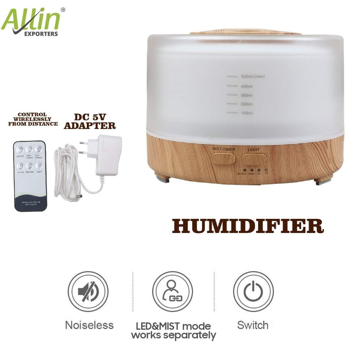 Allin Exporters PY2467YK-LW 500 ml Essential Oil Aroma Diffuser Cool Mist Ultrasonic Humidifier with Wireless Remote Control & Timer Setting