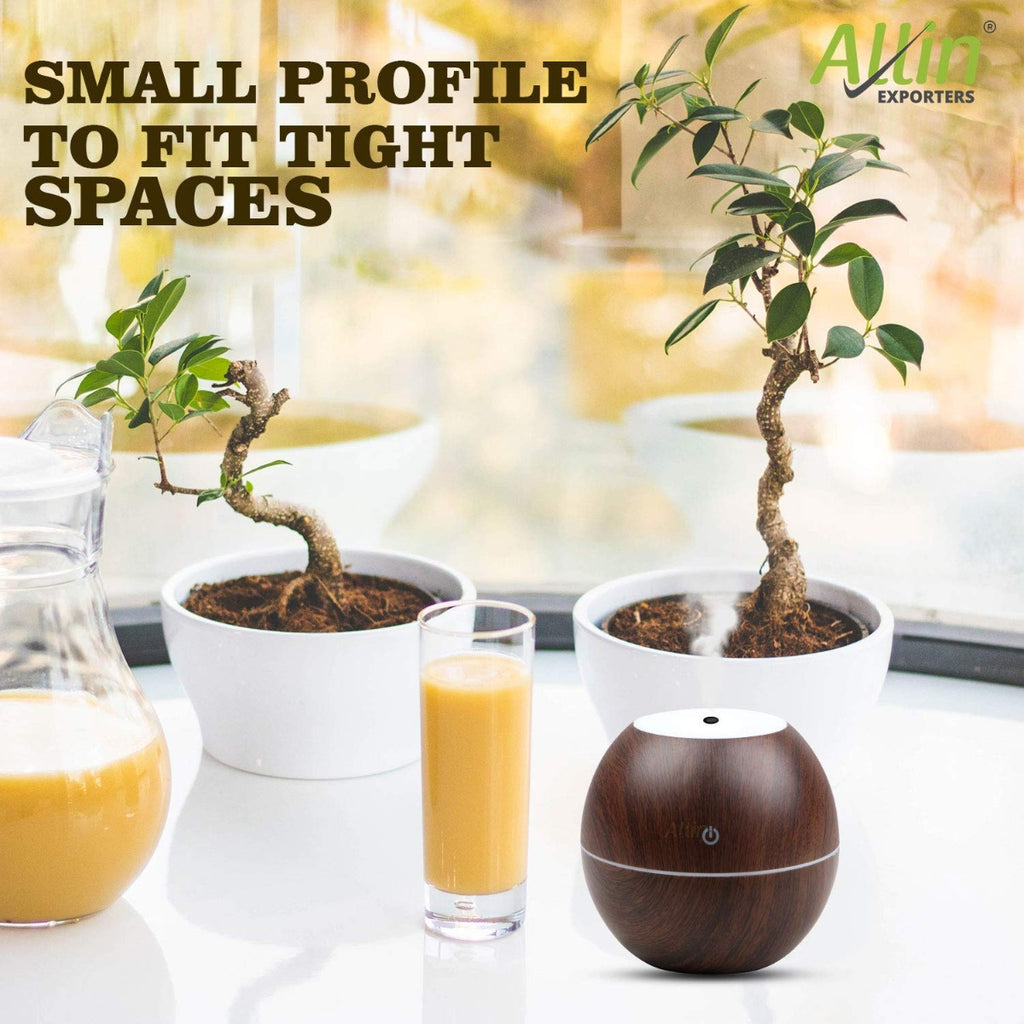 Allin Exporters PY045-BW 130 ml USB Mini Ultrasonic Humidifier Portable Essential Oil Aroma Diffuser with 3 LED Colors for Car, Office Cabin and Small Rooms