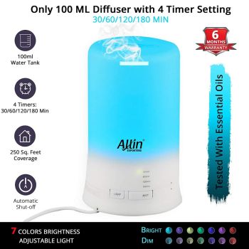 Allin Exporters DT-2109 Cool Mist Aroma Diffuser Ultrasonic Humidifier with 4 Timer Setting and 7 Color LED Lights (100 ML Tank Capacity)