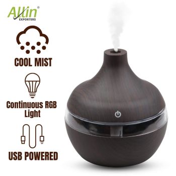 Allin Exporters PY002-BW 200 ml USB Mini Ultrasonic Humidifier Portable Essential Oil Aroma Diffuser with 3 LED Colors for Car, Office Cabin and Small Rooms (Brown Wooden)