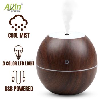 Allin Exporters PY045-BW 130 ml USB Mini Ultrasonic Humidifier Portable Essential Oil Aroma Diffuser with 3 LED Colors for Car, Office Cabin and Small Rooms