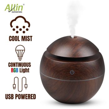 Allin Exporters PY006-BW 130 ml USB Mini Ultrasonic Humidifier Portable Essential Oil Aroma Diffuser with 3 LED Colors for Car, Office Cabin and Small Rooms
